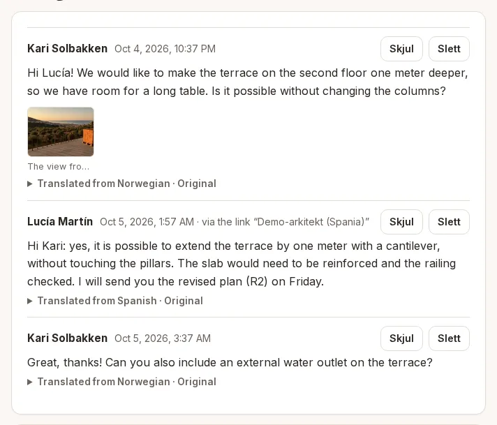 Message board in MinePlaner showing the Spanish architect's reply translated into English