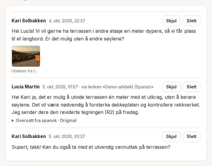 Meldingstavle i MinePlaner der arkitektens spanske svar vises oversatt til norsk