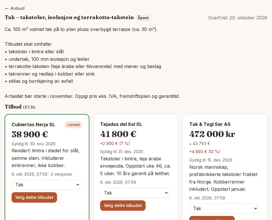 Anbud i MinePlaner med tilbud fra flere taktekkere sammenlignet
